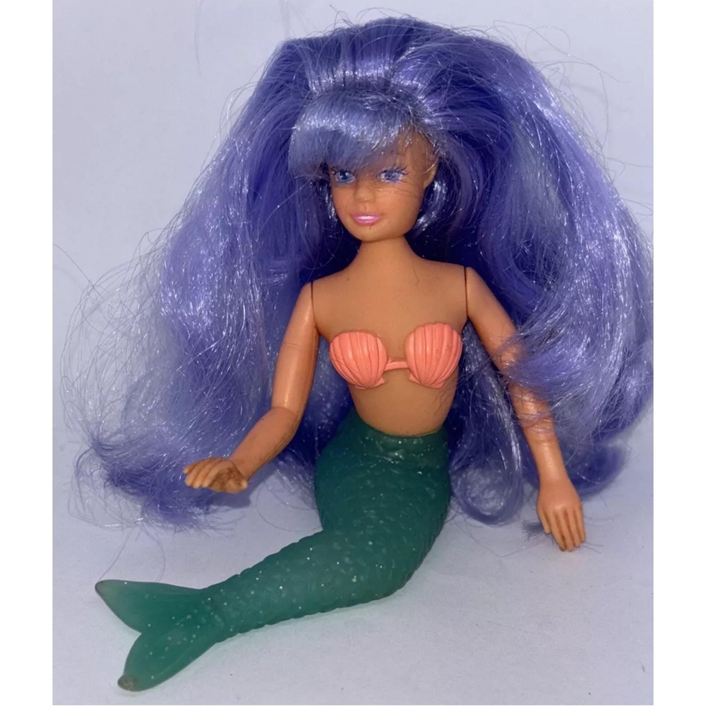 Vintage 1990 Tara Toy Mermaid Doll Purple Hair Blue Eyes Rubber Green Tail 6"